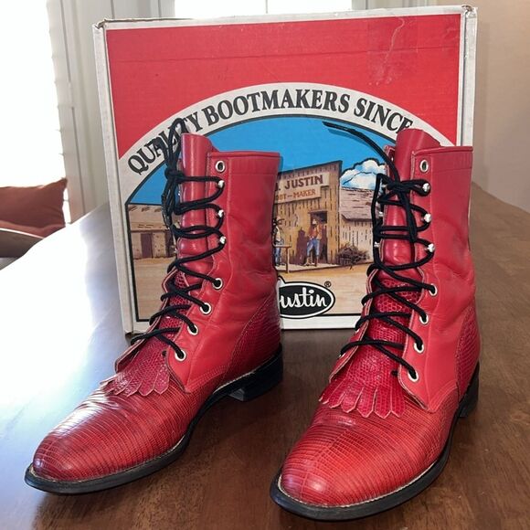 Vintage 1994 Justin Red Lizard & Kipskin Kilted Roper Boots Women’s 7.5B Rare - Picture 2 of 14